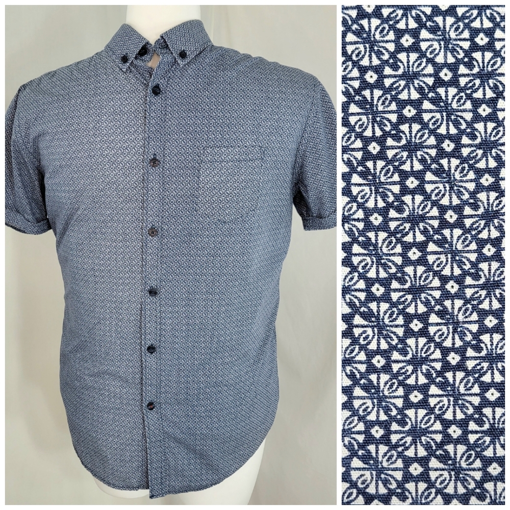 Steel & Jelly Button Up SHIRT Mens Size L Navy Blue White Short Sleeve Geometric